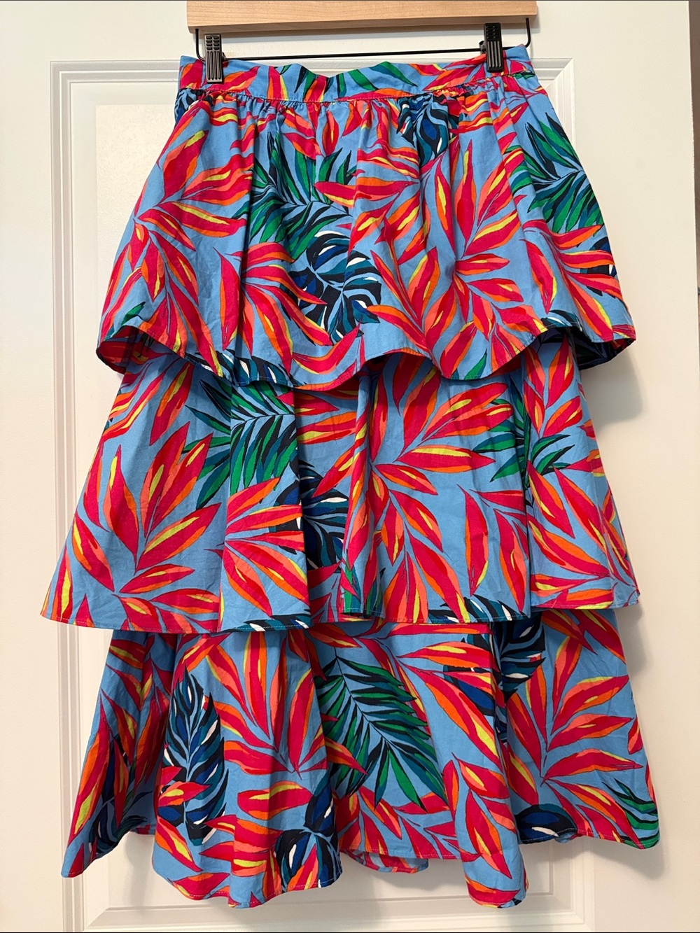 Tiered A-Line Midi Skirt in Blue Tropical Print by